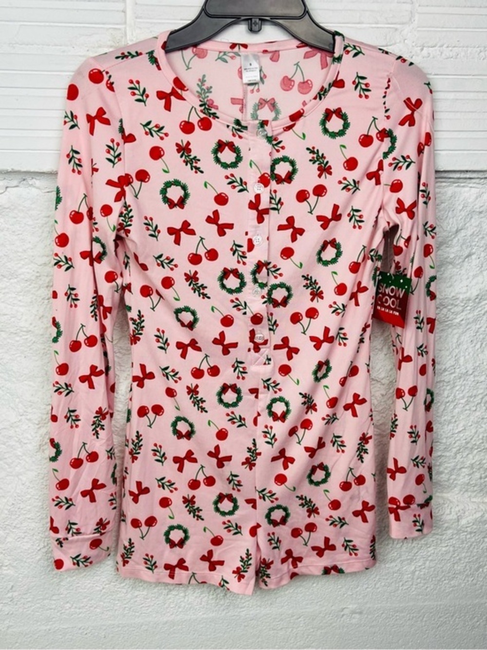 NWT Snow Cool long sleeve Pink Holiday Cherry Print Button-Up romper SZ S & M